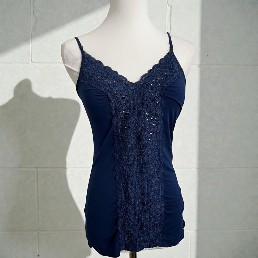 Vintage Guess Navy Lace Beaded Camisole Y2K Romantic Top M - Picture 2 of 8